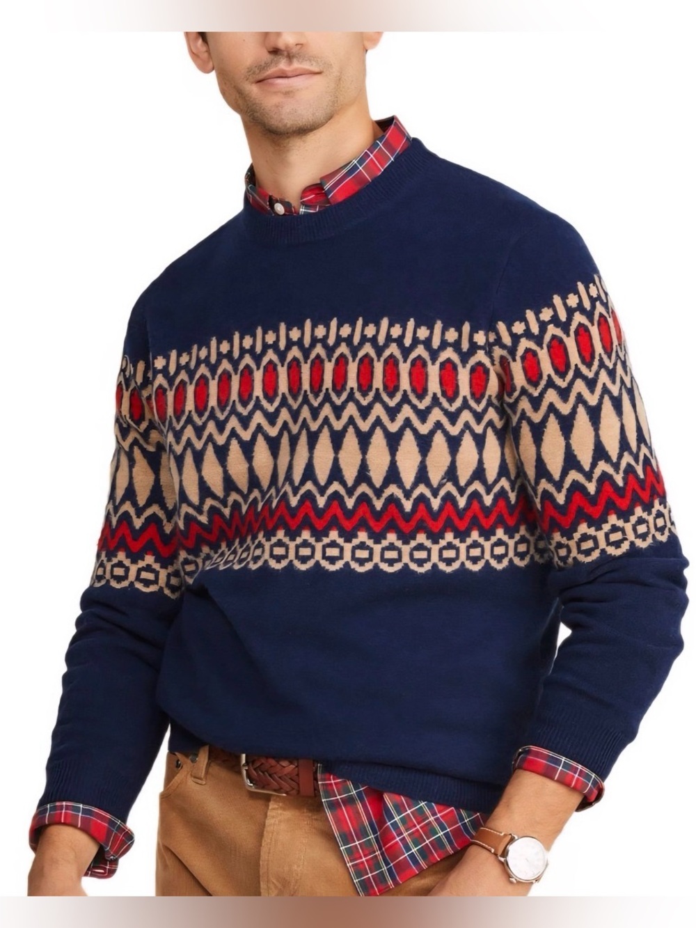 Vineyard Vines Navy Merino Wool Sweater with Red & Cream Fair Isle. Size XXL